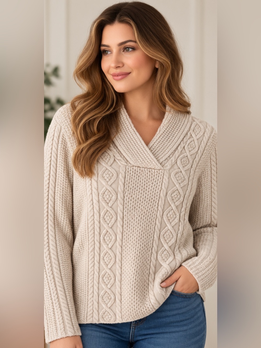 Jeanne Pierre Women’s M Cream Ivory Cable Knit Shawl Collar Sweater 100% Cotton